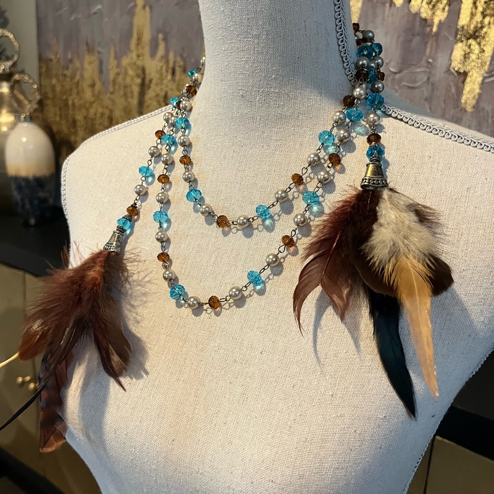 Bohemian Feather Necklace with Blue and Brown Beads